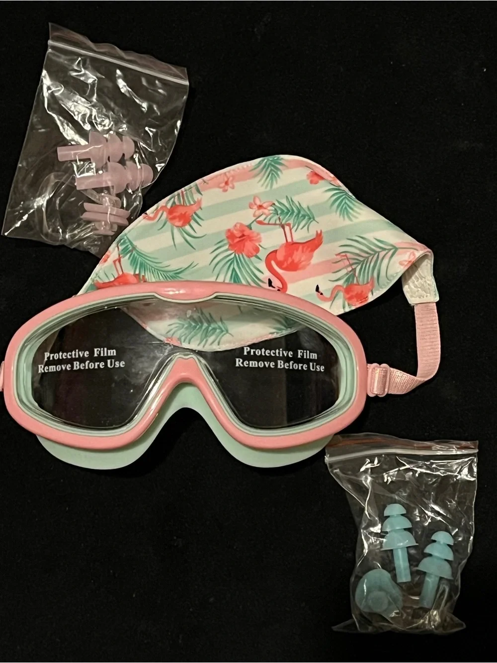 Pixel Panda Kids Flamingo Swim Goggles Set Cap Ear Plugs Nose Clip New